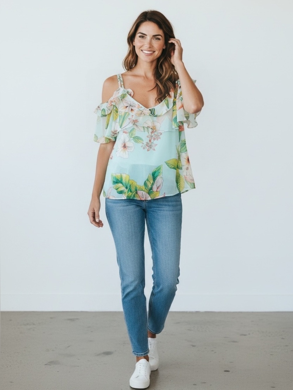New York & Company Light Blue Floral Ruffle Off-Shoulder Blouse